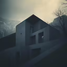 a building with stairs up to it with the sky in the background