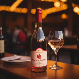 a bottle of wine and glass sitting on a counter