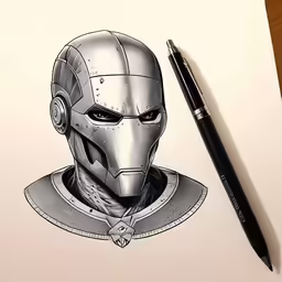 the image of an iron man with a pen next to it