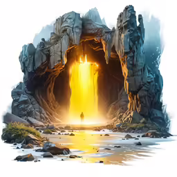a man walking into a yellow entrance to the cave