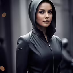 an attractive woman dressed in leather posing for a photo