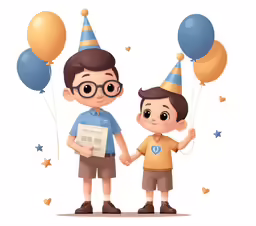a boy and girl standing together with birthday hats on their heads