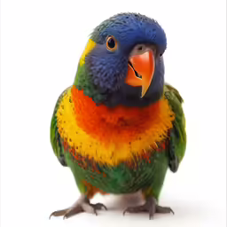 colorful bird with blue wings standing upright on a white background