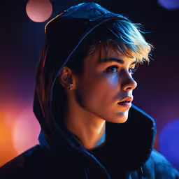 an image of the young man with a hoodie on,a young boy in the dark with a blue hoodedie