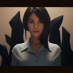 a woman with dark hair standing in front of black birds