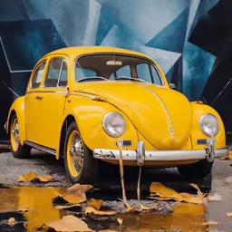an old yellow vw bug is parked in a garage