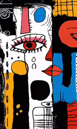 a painting with red, blue, yellow, and black colors