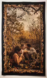 a painting of three people sitting in a wooded area