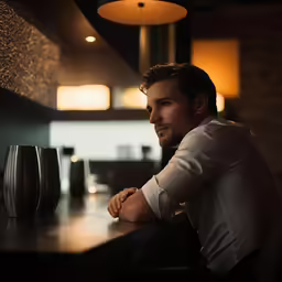 a man sitting at a table with his arms crossed