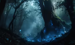 an artwork work of a man walking through a forest surrounded by trees