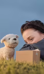 the young woman is posing with her dog