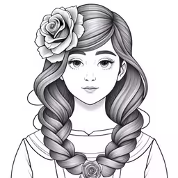 a drawing of a woman with long hair wearing a flower in her hair,a girl with long hair and braids,a girl with long hair wearing a rose in her hair,a girl with long hair and roses in her hair,a drawing of a young girl with long hair, wearing braids and a rose on her head