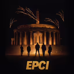 the poster for epici shows silhouettes of people standing in front of a building
