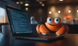a close up of a laptop with a face on it