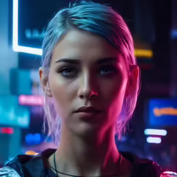 a girl with blue hair is standing in the city