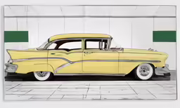 an old yellow car parked in front of a white wall