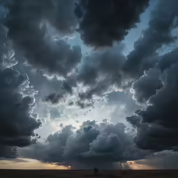 two horses grazing in a field under a dark sky