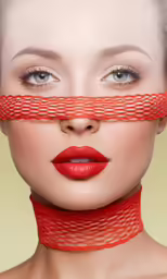 an attractive woman with red lipstick covering her face