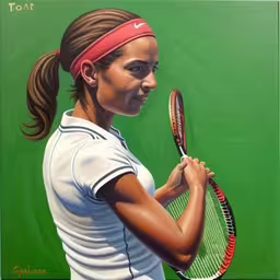painting of tennis player holding racket in front of green background,a painting of a woman holding a tennis racquet