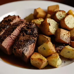 a plate of food with some potatoes and meat