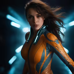 a woman with futuristic clothing and headphones is in the background
