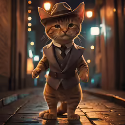 a cat in a suit and tie with his hand in his pocket, walking down the street at night