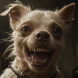 a white dog with big eyes and mouth