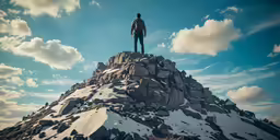 the man stands on top of the mountain with a backpack
