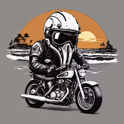 an old - fashioned motorcycle rider is wearing a helmet and driving the chopper,a motorcycle is riding on the beach as the sun sets