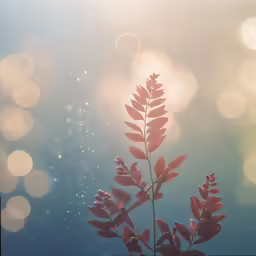 red leaves and sunshine shining through them with blue sky in background
