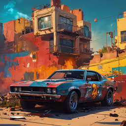 a car parked in front of a tall building,a car sits parked near buildings in a city