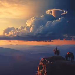 two horses are grazing on a mountain top