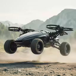 a black and white small buggy is in the air