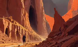 a man standing in a canyon with giant mountains