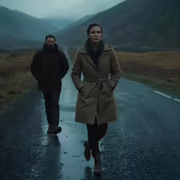 a man and woman walking on the street