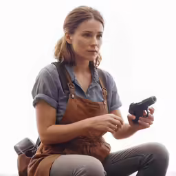 the girl is holding a small gun and pointing to it