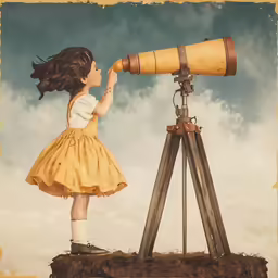 little girl looking into the sky through a telescope