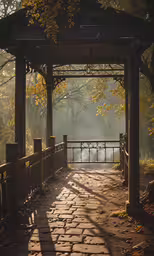 a stone walkway is surrounded by trees with sunshine