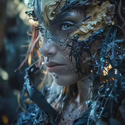 the woman has a flower on her face and black hair