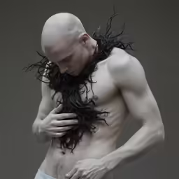 a male model with long hair and a bald man
