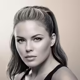 a woman in a black top with a ponytail