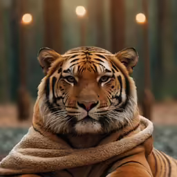 an animal laying down with a blanket on its chest