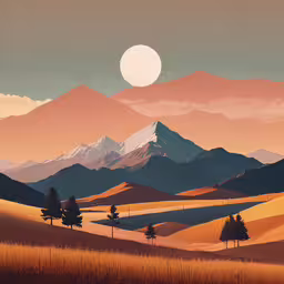 an art work of a landscape with mountains and sky in the background,some mountain scenery with the moon in the sky