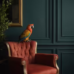 the parrot sits on the arm of a chair