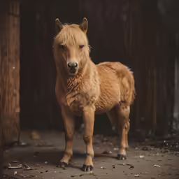 a shaggy brown horse standing in front of a barn