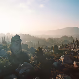 the sun shines through a hazy landscape, with large rocks and small shrubs on the ground
