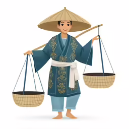 a woman holding two baskets filled with rice and two bamboo bowls