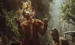 a woman in costume blowing her hair in a wooded area