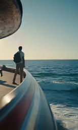 a man walks on a boardwalk next to an ocean