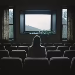 a girl sitting alone in a theater with two windows